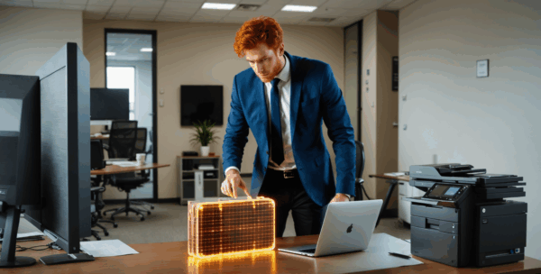 Man standing at a desk in an office with an open laptop and with his hand on a glowing briefcase.