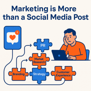 Cartoon of a overworked business owner shown with the puzzle pieces that comprise important marketing tasks