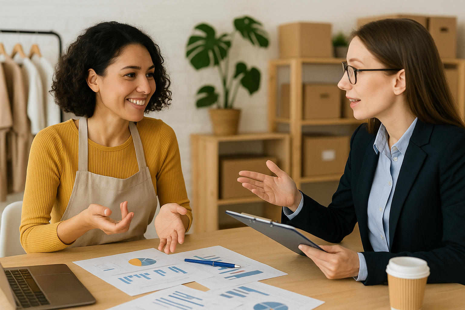 A small business owner discussing strategies to improve her business with a marketing consultant.