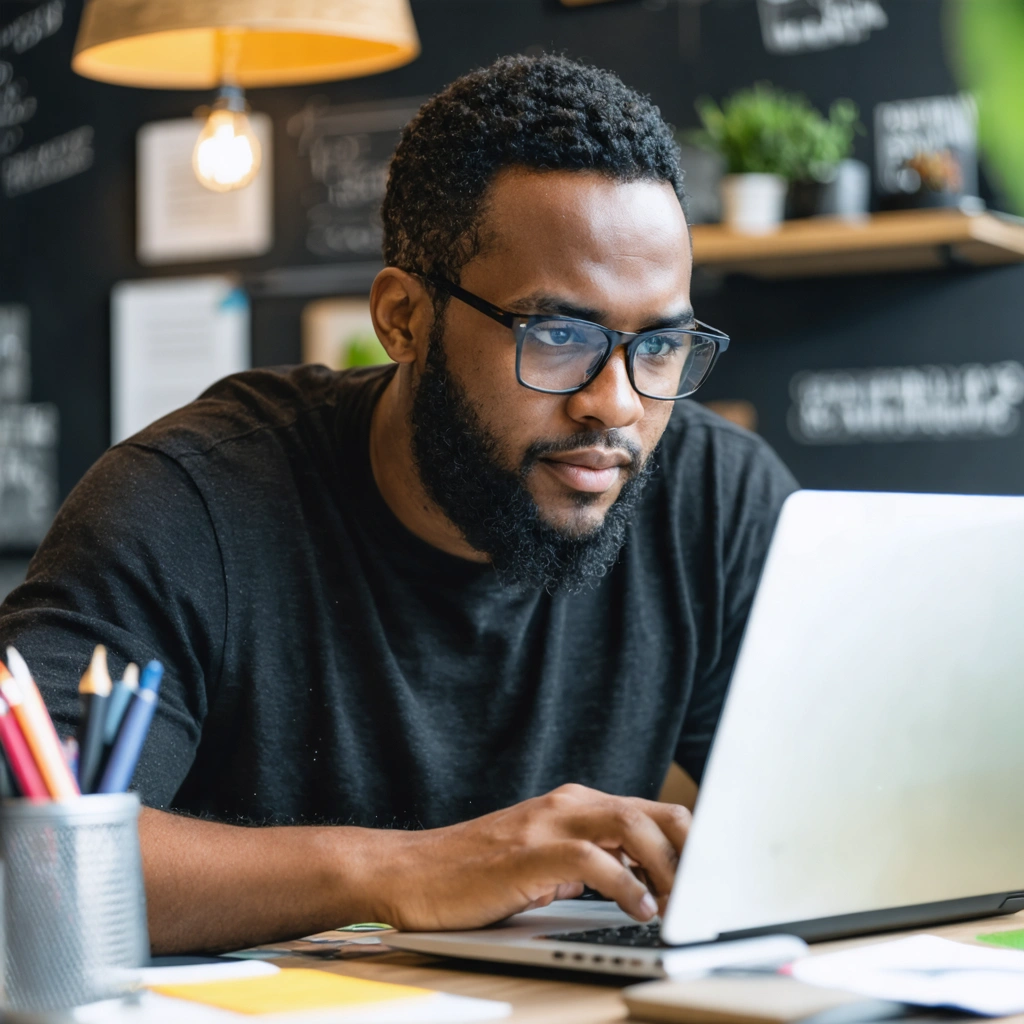 A small business owner performing market research on the internet.